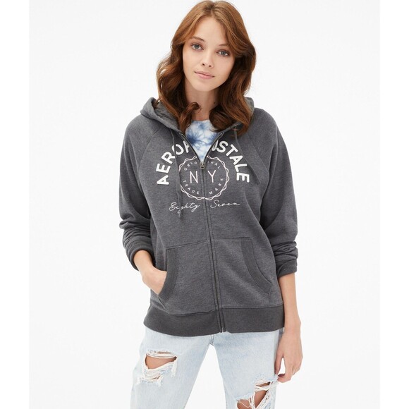Vintage Aeropostale Hoodie Womens M NY 87 Spell-Out Logo Raglan Fleece Zip-Up - Picture 2 of 11